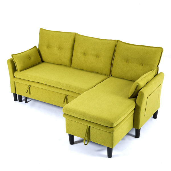 English Elm L-Shaped Reversible Chaise Sectional Sofa with Storage and Fold-Out Bed Cotton-Linen Modern Design Green W3371S00026