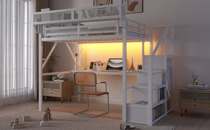 English Elm Full Loft Bed with Desk and Charging Station, Metal Loft with Stairs, Wardrobe, Shelves & Light White W2580S00046