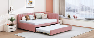 English Elm Full Size Linen Upholstered Daybed with Pull Out Trundle Sofa Frame for Bedroom Pink LP000173AAH-1