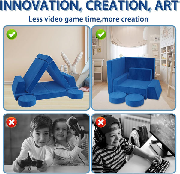 English Elm 10 Piece Modular Foam Play Couch Set Soft Frameless Sectional for Bedroom Playroom Blue T5880P493406