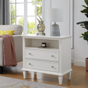 English Elm Open Dresser Nightstand with Charging Station and Open Shelf, 2 Drawers, Solid Wood Legs, Farmhouse Appeal White W1693P216932