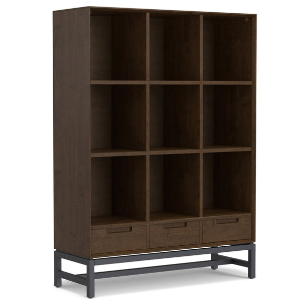 English Elm Banting 9 Cube Bookcase with Drawers Walnut Brown - Solid Rubberwood, Metal Frame, 3 Drawers, 9 Cubes B136P238617