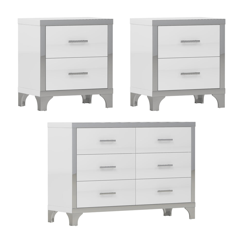 English Elm 3-Pieces Modern Dresser and Two Nightstands with Mirrored Trim, Metal Handles, Spacious Storage White 55.71 L x 19.29 W x 10.63 H N733S205355K