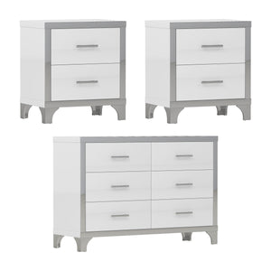 English Elm 3-Pieces Modern Dresser and Two Nightstands with Mirrored Trim, Metal Handles, Spacious Storage White 55.71 L x 19.29 W x 10.63 H N733S205355K