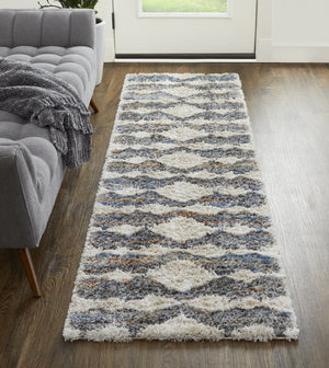 Feizy Rugs Mynka High-pile Geometric Area Rug - Pet-friendly, Stain Resistant, Stylish For High Traffic Spaces Tan,Ivory,Blue Polyester Myn39iffgrymlti68