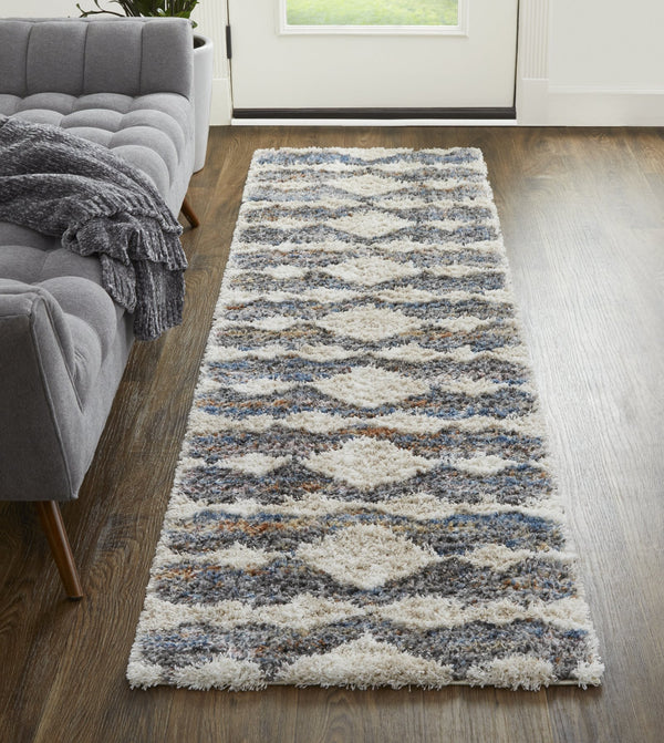 Feizy Rugs Mynka High-pile Geometric Area Rug - Pet-friendly, Stain Resistant, Stylish For High Traffic Spaces Tan,Ivory,Blue Polyester Myn39iffgrymlti68