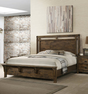 English Elm 1pc Rustic Industrial Queen Panel Bed with Cutout Headboard and Bench-Style Footboard, Solid Wood Finish Brown 82.2 L x 39.37 W x 2.8 H B011S01338