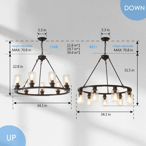 English Elm 34.25'' Farmhouse Wagon Wheel Chandelier 9 Light Seeded Glass Dining Room Fixture W5008P468521