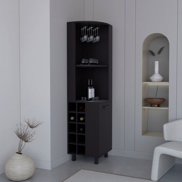 English Elm Kaia Black Corner Bar Cabinet with 4 Shelves, 10 Wine Cubbies, Stemware Rack & Foldable Lock B070S00381