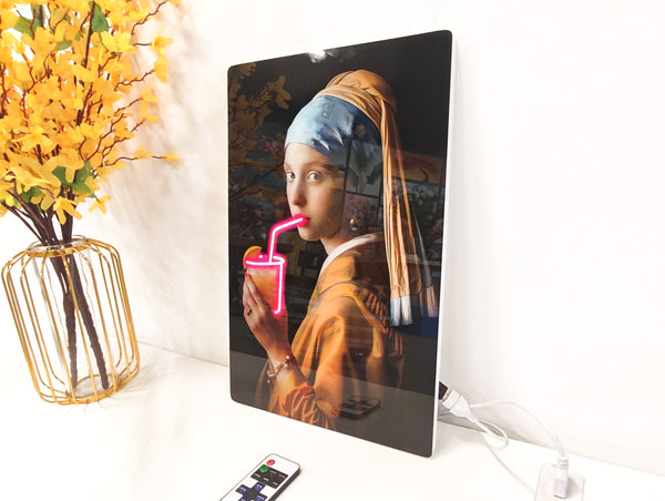 English Elm 24X16 Neon Style Led Wall Art – Illuminated Girl With Pearl Earring Acrylic Print For Modern Spaces T3976P383261