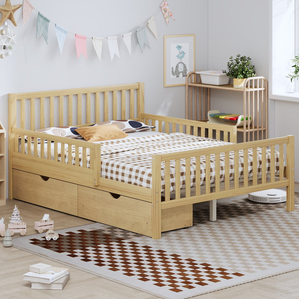 English Elm Twin Pine Platform Bed with Guardrails and Under Storage Drawers for Small Rooms N733P172700M