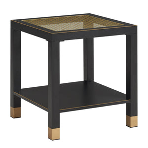 English Elm Glass Two Tier Square Side Table with Gold Mesh Tempered Top and Black Metal Frame Black+Gold W3587P456317