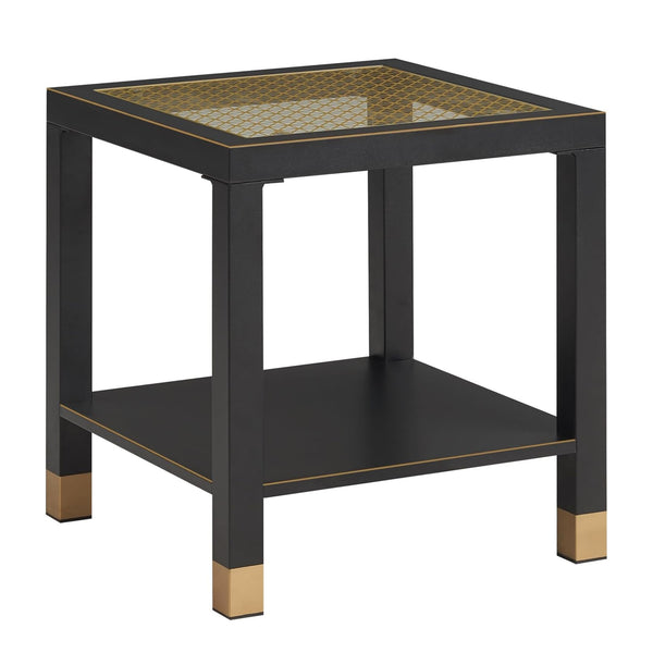 English Elm Glass Two Tier Square Side Table with Gold Mesh Tempered Top and Black Metal Frame Black+Gold W3587P456317