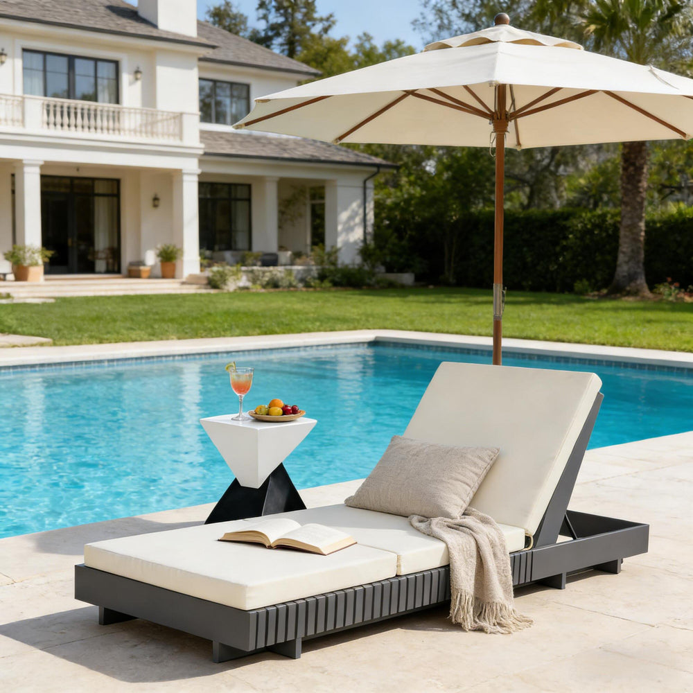 English Elm Modern Acacia Wood Outdoor Chaise Lounge Slatted Reclining Poolside Sun Chair Cream,Dark Grey N770P281696G_N770P208317C