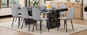 English Elm Table and Chair Set Seats 8 with Marble Mdf Top and Gray Linen Upholstered W1151S03921