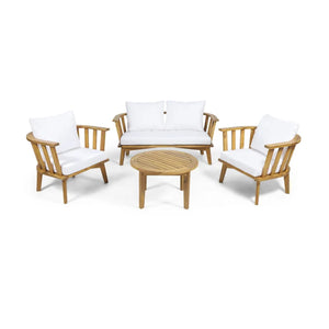 English Elm Christopher Knight Home® - 4-Pieces Acacia Wood Patio Furniture Set - Stylish Outdoor Seating With Soft Cushions & Coffee Table 64851.00WHI-2_70334.00WHI_70335.00