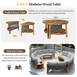 English Elm U_style Circular Patio Sofa Set Pp Rope Woven Steel Frame Acacia Wood Resort Lounge Grey WY000468AAE