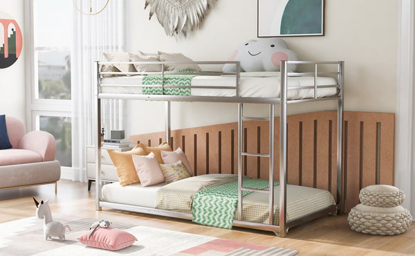 English Elm Twin Over Twin Metal Bunk Bed Low Profile with Full Guardrail Ladder Quiet Steel Frame Sturdy Support Silver MF285535AAN