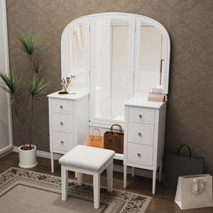 English Elm Antique Glam Vanity Desk with Triple Mirror, Stool & 6 Drawers, Full‑Length Mirror, White Elegance N844P285297A