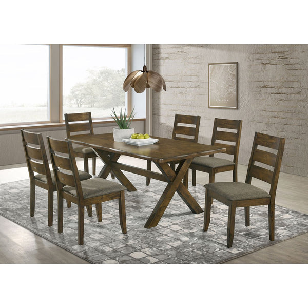 English Elm Gawain Rustic Modern 7-Piece Dining Set in Knotty Nutmeg with Ladder Back Chairs & X-Cross Trestle Base B062S00891