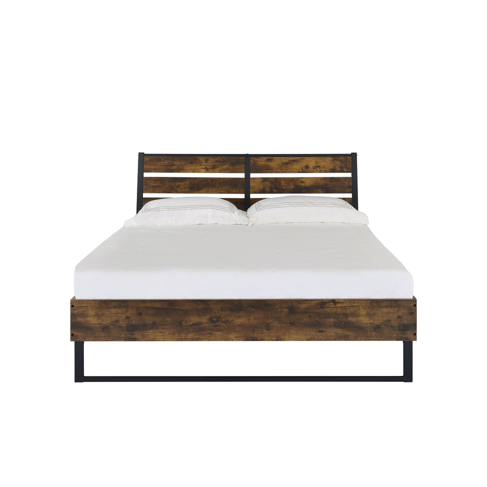 English Elm Juvanth Rustic Oak & Black Panel King Bed with Metal Slat Mesh Support — Industrial Rustic Centerpiece Oak 81.5 L x 30.12 W x 4.72 H B2726S00110