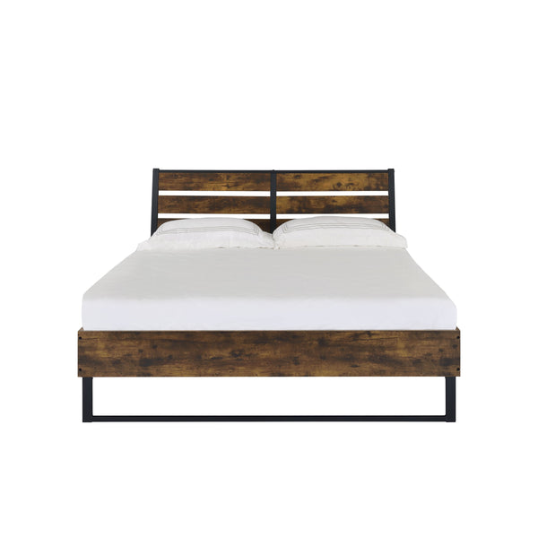 English Elm Juvanth Rustic Oak & Black Panel King Bed with Metal Slat Mesh Support — Industrial Rustic Centerpiece Oak 81.5 L x 30.12 W x 4.72 H B2726S00110