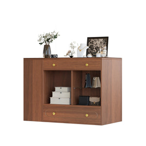 English Elm Closet Elegant walk-in island with glass display top, 6 drawers and open shelves for organized storage Walnut 39.76 L x 17.32 W x 12.2 H N733S304513D