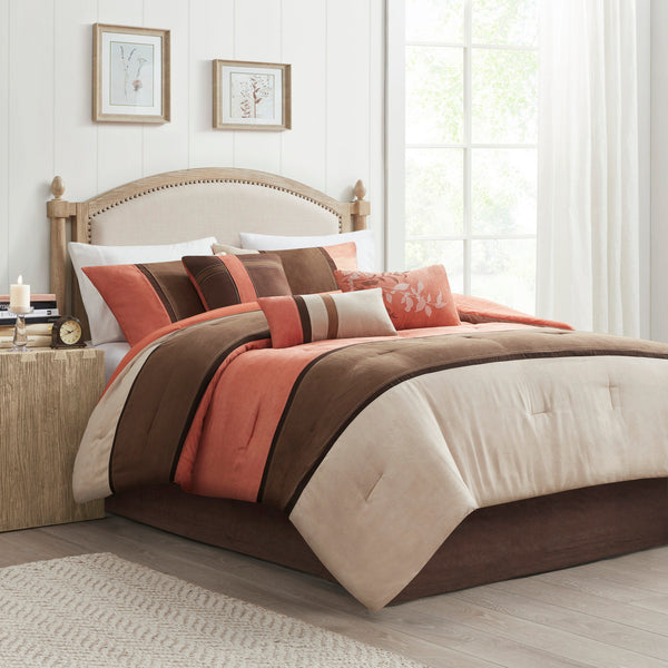 English Elm 7 Piece Palisades Faux Suede Comforter Set Coral Queen - Hypoallergenic, Machine Washable, Embroidered Pillows B03596817