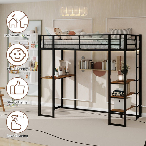 English Elm Iron framed bunk bed with L-shaped study desk and dual-side stairs, space-saving durable design Black W1935P330795