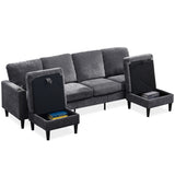 U-Shaped Chenille Sectional Sofa with Memory Foam, 4-Seat Modular Couch, Dark Grey