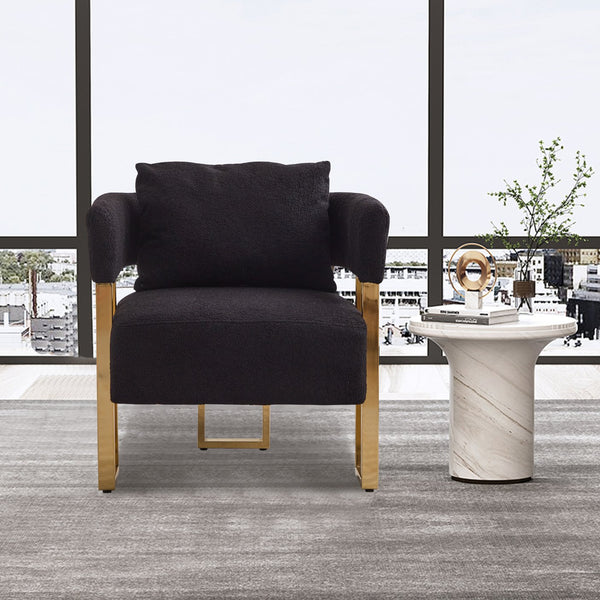 English Elm TS Teddy fleece modern decorative chair with gold legs — plush ergonomic side seating for living spaces (Black) W2311P190452