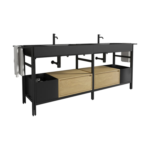 English Elm Galan 72 Inch Double Sink Vanity Fluted Wood Quartz Top Freestanding Bathroom Cabinet Matte Black,Oak W1865S00182