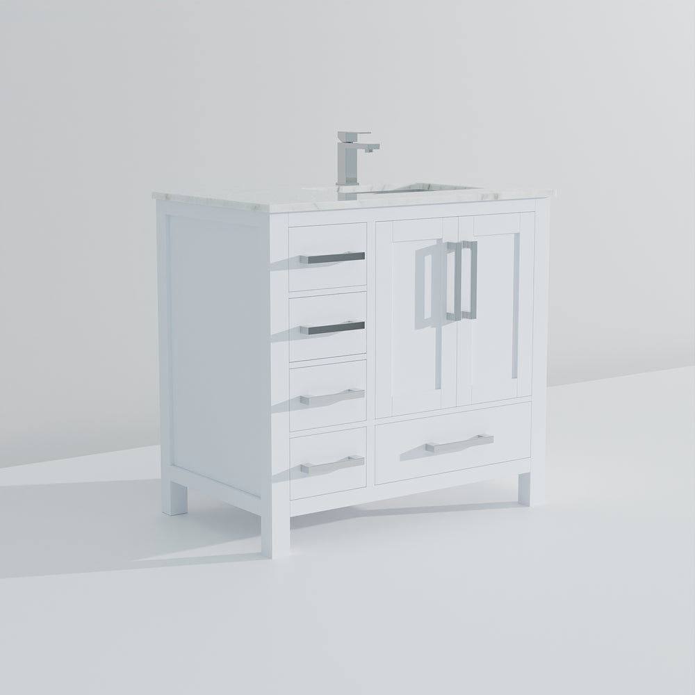 English Elm White 36 in. Bath Vanity with Carrara Marble Right-Offset Top, Soft-Close Drawers & Chrome Faucet Set B2731P259018
