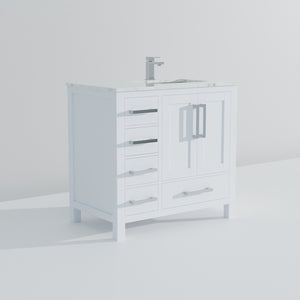 English Elm White 36 in. Bath Vanity with Carrara Marble Right-Offset Top, Soft-Close Drawers & Chrome Faucet Set B2731P259018