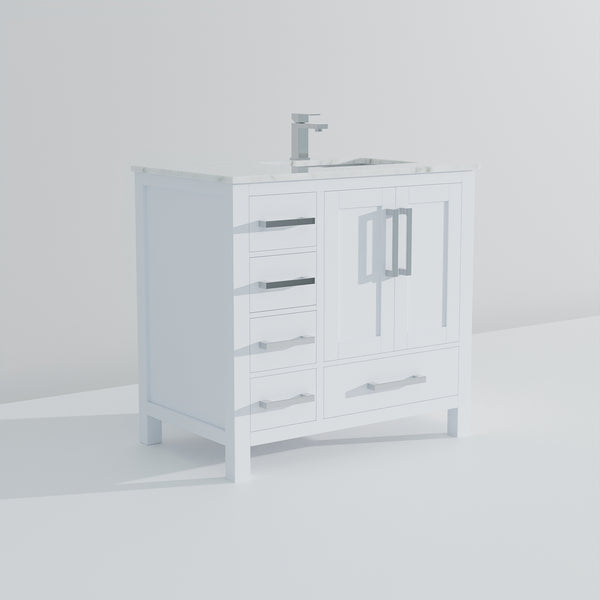 English Elm White 36 in. Bath Vanity with Carrara Marble Right-Offset Top, Soft-Close Drawers & Chrome Faucet Set B2731P259018