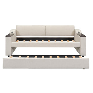 English Elm Twin Upholstery Daybed with Trundle, Storage Arms & USB Charging, Beige Linen, Durable Pine Frame SM000547AAA