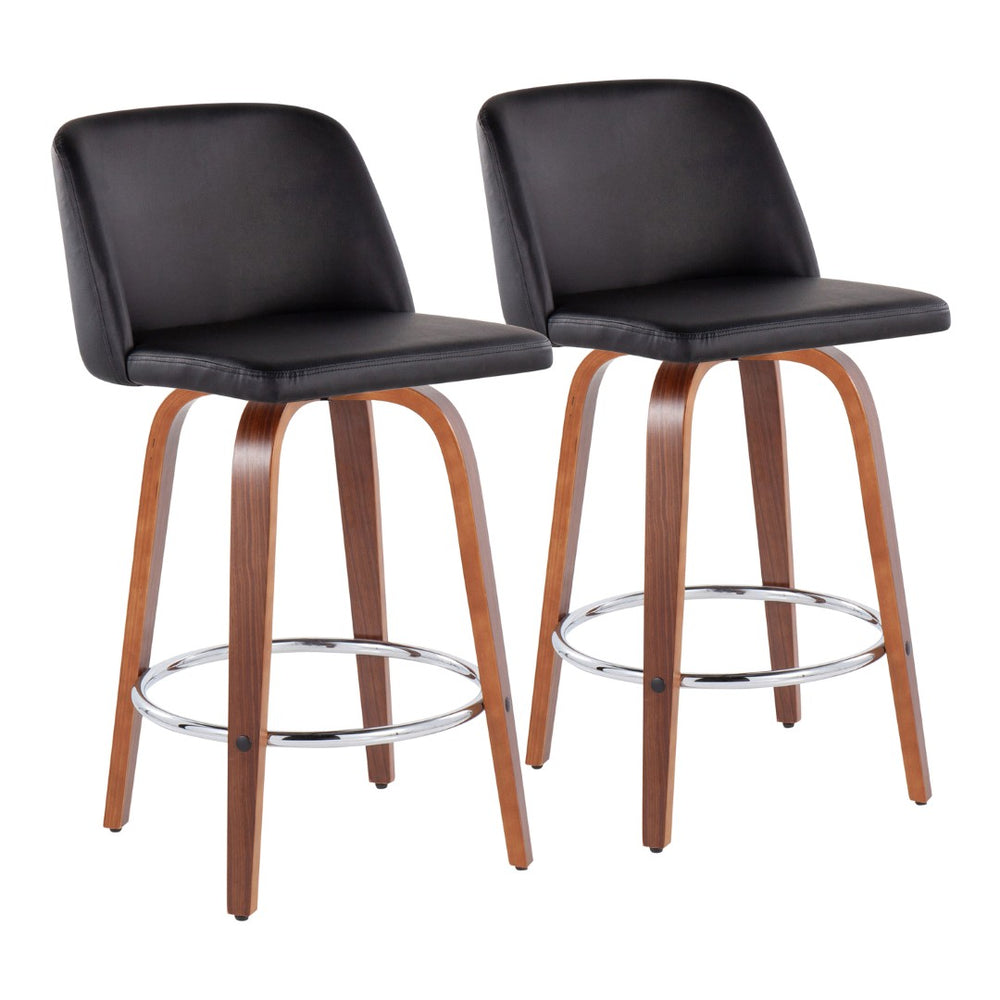 English Elm Toriano Mid-Century Modern Counter Stool Set Of 2 - Walnut Wood, Black Faux Leather & Chrome Footrest B202S00441-GIGA