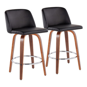 English Elm Toriano Mid-Century Modern Counter Stool Set Of 2 - Walnut Wood, Black Faux Leather & Chrome Footrest B202S00441-GIGA