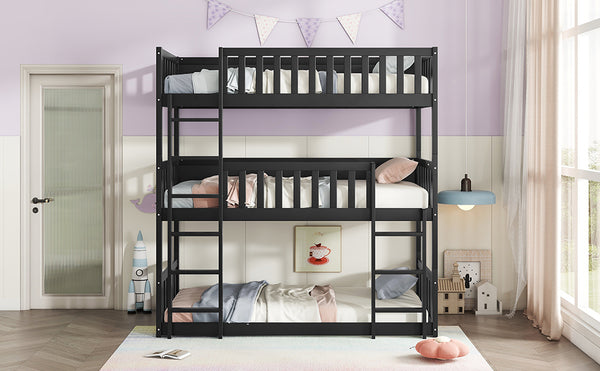 English Elm Twin Triple Rubberwood Bunk Bed with Ladders & Guardrails, Space-Saving Modular Design for Families Black W504S00173