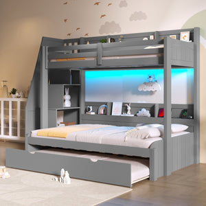 English Elm Twin Over Full Bunk Bed with Stair Drawers Shelves Led Lighting and Usb Port Grey N7090005013E