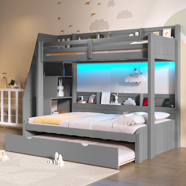 English Elm Twin Over Full Bunk Bed with Stair Drawers Shelves Led Lighting and Usb Port Grey N7090005013E