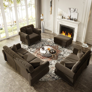 English Elm Upholstered Velvet Chesterfield Sofa Set with Button Tufting Nailhead Trim and Ottoman Brown W1885S00389