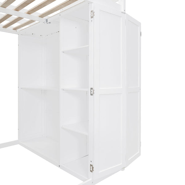 English Elm Full Size Loft Bed with Wardrobe Desk and Shelving for Modern Teen Bedroom White LT000679AAK-1