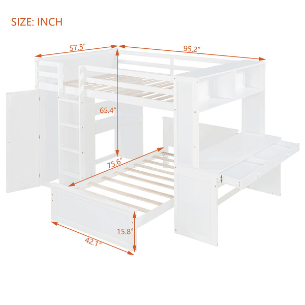 English Elm Full Twin Loft Bed with Desk Wardrobe Shelves Pine Wood Frame Kids Bedroom White LT000821AAK-1