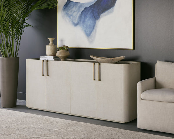 Sunpan Jamille Contemporary Sideboard - Cream Faux Leather, Warm Brass Base, Oak Veneer Top & Soft Close Doors