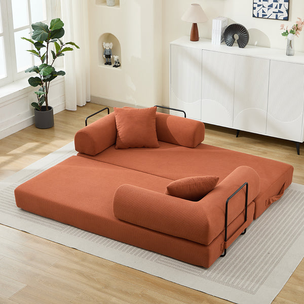 English Elm Folding Sofa Bed Corduroy 3-Seater Convertible Couch Bed with Foam Spring Mattress and Pillows for Living Room Orange W2915P343903