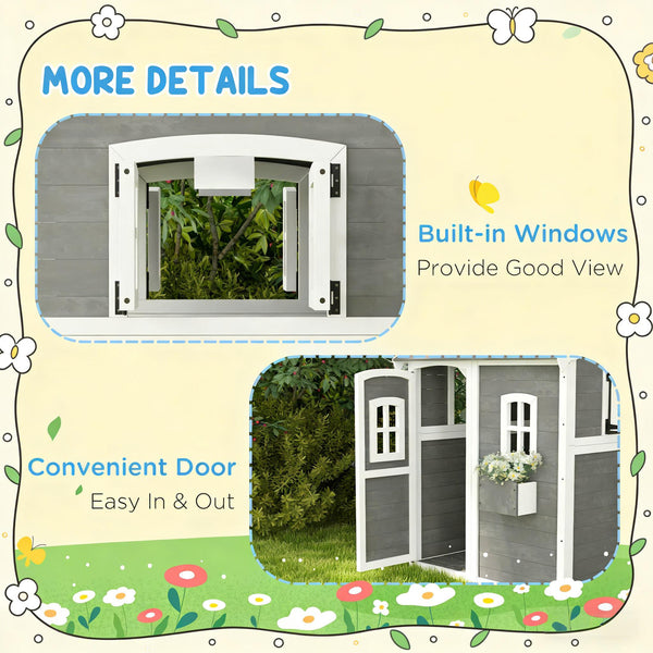 English Elm Toddlers Solid Fir Wood Cottage Playhouse with Windows and Plant Box for Backyard T3971P442846