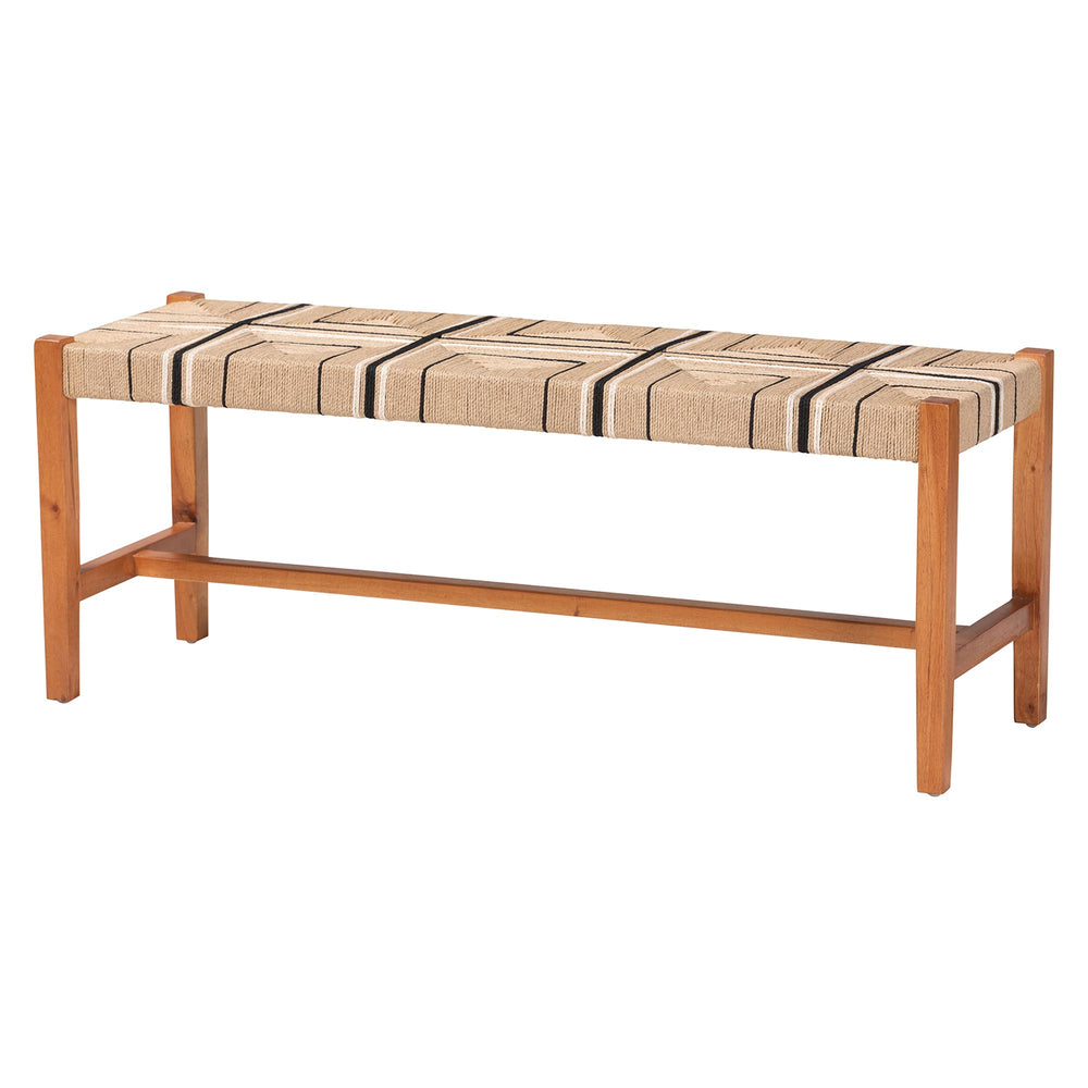 English Elm Bohemian Handcrafted Mahogany Dining Bench with Woven Geometric Paper Loom Seat B2750P467778