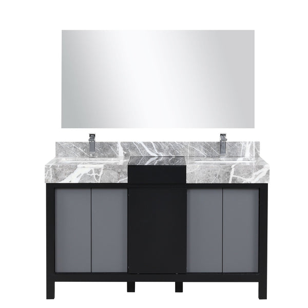 English Elm Black Double Bath Vanity 55" W With Castle Grey Marble Top, Chrome Faucet & 53" Mirror Included B2731S01028