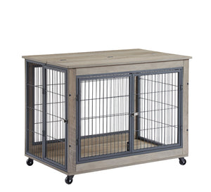English Elm Furniture Style Dog Crate Side Table on Wheels with Double Doors, Lift-Top, Grey — Safe, Mobile, 38.58"w x 27.36"h W116291737